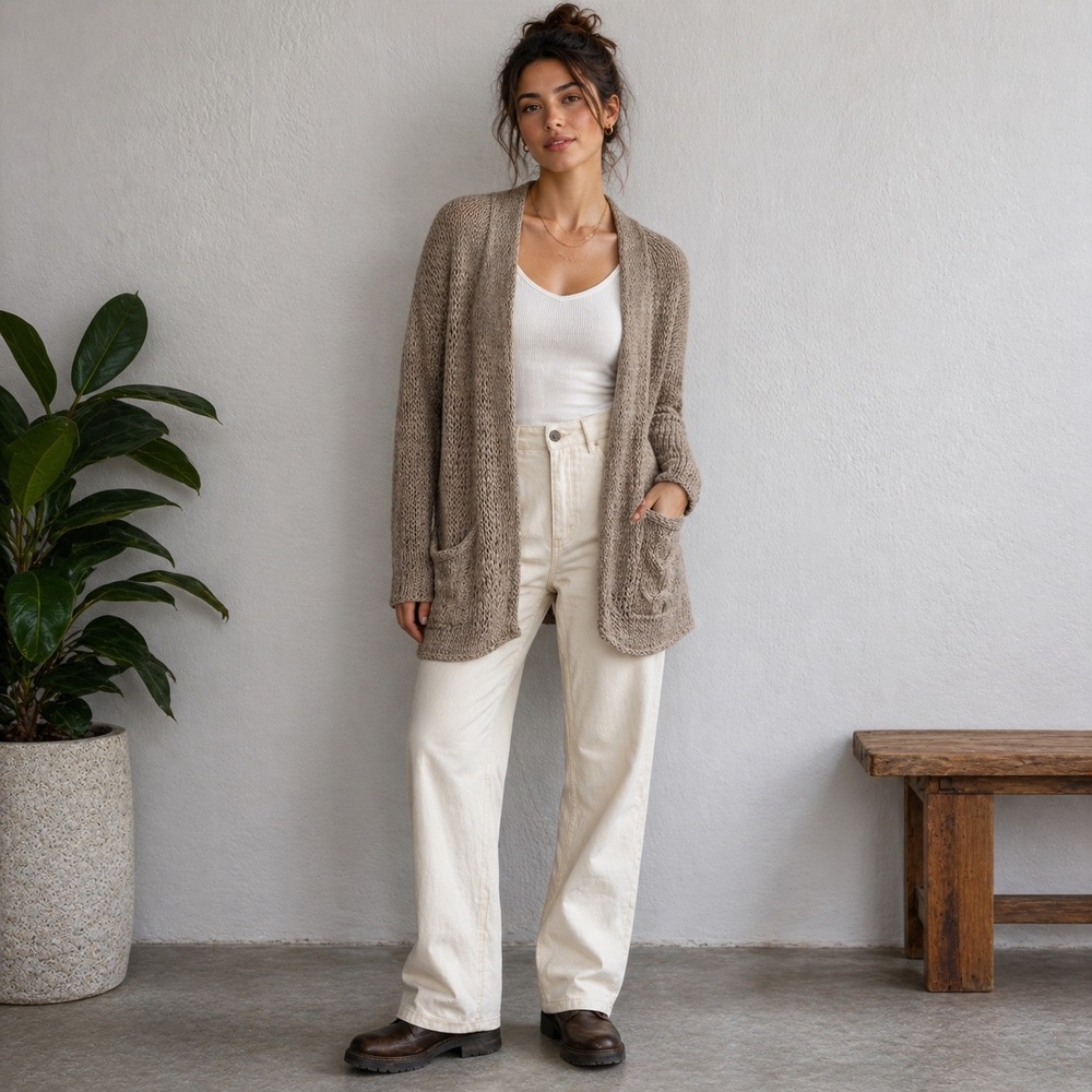 Charles Nolan‎ New York 100% Linen Open Front Cardigan Taupe Knit Small Pockets